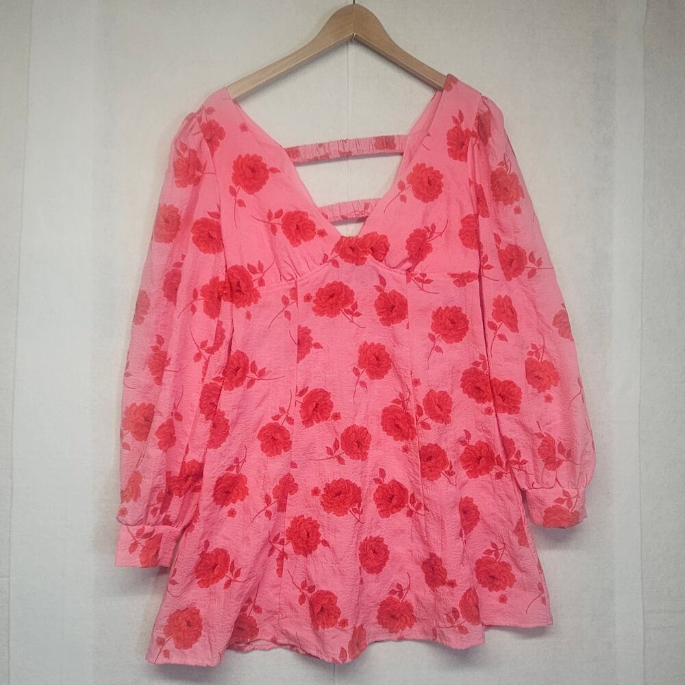 Crystal Doll Pink Red Floral Long Sleeve Mini Dress Size S
